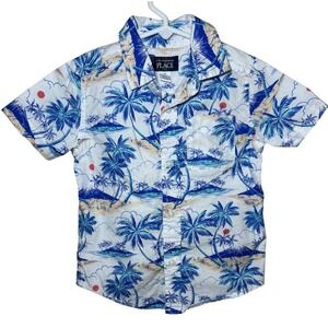 The Childrens Place Boys 3T Tropical Palm Tree Island Print Button Down Shirt
